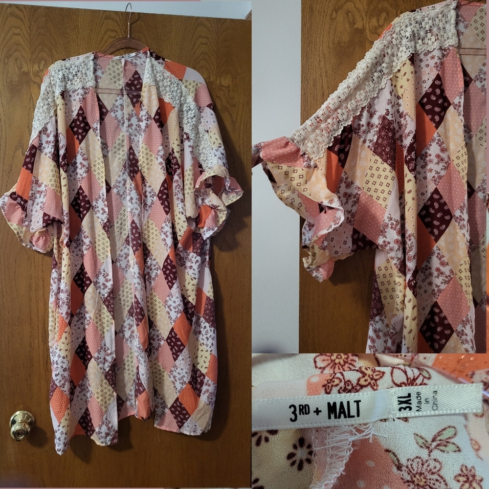 Adorable Patchwork / Cottagecore Lace Ruffle Kimono / Shawl EUC 3X